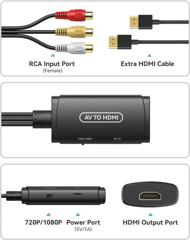 Alt view image 4 of 7 - RCA to HDMI Converter AV to HDMI Adapter Composite to HDMI Adapter Support 1080P PAL/NTSC Compatible with WII WII U/PS one PS2/PS3 STB Xbox VHS VCR Blue-Ray DVD ect.