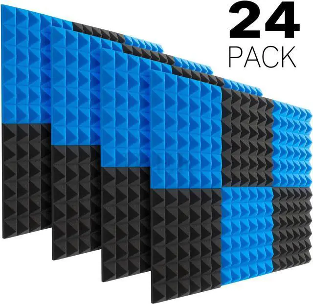 Alt view image 4 of 7 - JBER Acoustic Sound Foam Panels, 24 Pack 2" X 12" X 12" Blue and Black Soundproofing Treatment Studio Wall Padding Sound Absorbing Fireproof Pyramid Acoustic Treatment