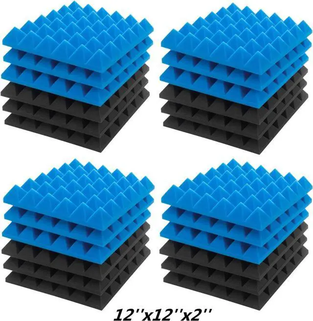 Alt view image 5 of 7 - JBER Acoustic Sound Foam Panels, 24 Pack 2" X 12" X 12" Blue and Black Soundproofing Treatment Studio Wall Padding Sound Absorbing Fireproof Pyramid Acoustic Treatment
