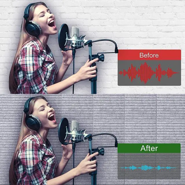 Alt view image 6 of 7 - 16 Pcs Pro Grade Soundproof Wall Panels,Acoustic Panels,Premium Sound Panels,Better than Foam,Wedge Design,with Adhesive on Back,For Acoustical Treatments/Professional Studio,12×12×0.4 in(Light grey)