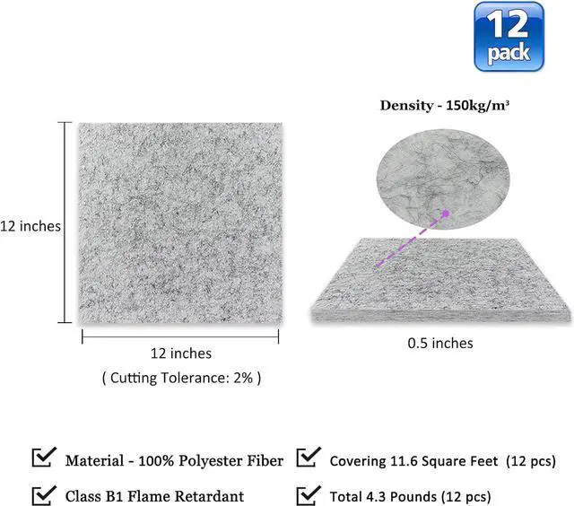 Alt view image 2 of 7 - BXI Thickened Sound Absorbing Panels - 12 Pack 12 X 12 X 0.5 Inches Dense Acoustic Panels, Echo Noise Reducing Sound Panels, Tackable Studio Panels for Wall and Ceiling Acoustic Treatment