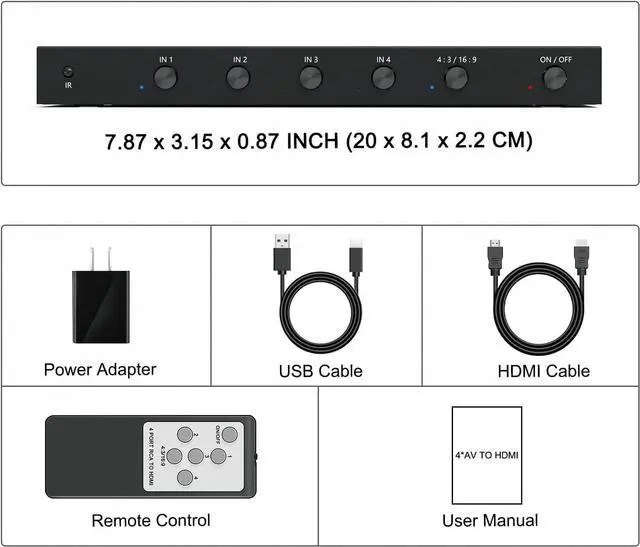 Alt view image 6 of 6 - 4 Port RCA to HDMI Converter/4Port AV to HDMI Adapter Converter 720/1080P Support 16:9/4:3 Switcher Compatible with WII, N64, PS2,PS3, VHS, VCR DVD Players etc. (4AV Input 1 HDMI Output)
