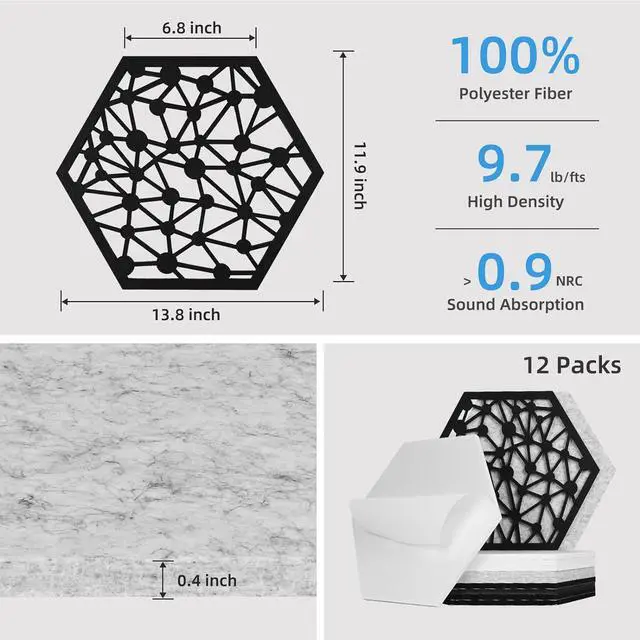 Alt view image 4 of 7 - 12 Pack Self-adhesive Acoustic Panels, Hexagon Sound Proof Panels, 14 X 12 X 0.4 In Sound Absorbing Panels, Flame Resistant, High-Density Sound Dampening Panels for Recording Studio Home, Offices