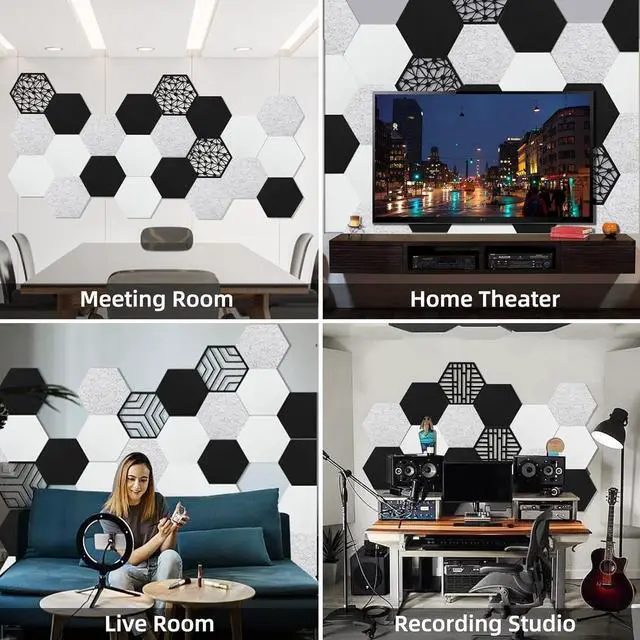 Alt view image 6 of 7 - 12 Pack Self-adhesive Acoustic Panels, Hexagon Sound Proof Panels, 14 X 12 X 0.4 In Sound Absorbing Panels, Flame Resistant, High-Density Sound Dampening Panels for Recording Studio Home, Offices