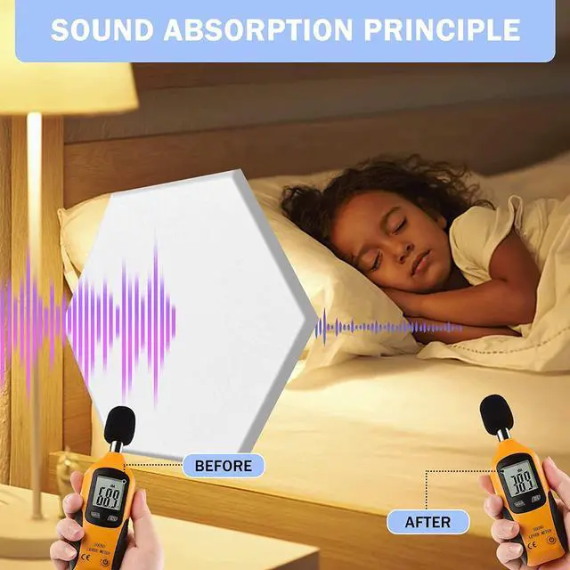 Alt view image 5 of 7 - SHJADE Self-Adhesive Acoustic Panels, 12 Pcs 12" X 10" X 0.4" Sound Absorbing Panels, High Density Hexagon Acoustical Wall Padding(Silver Grey)