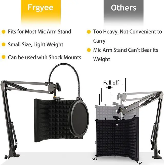Alt view image 3 of 6 - Microphone Isolation Shield with Mic Stand and Pop Filter, Foldable Sound Shield for Most Condenser Microphone Recording Equipment Studio, High Density Absorbent Foam to Filter Vocal by Frgyee