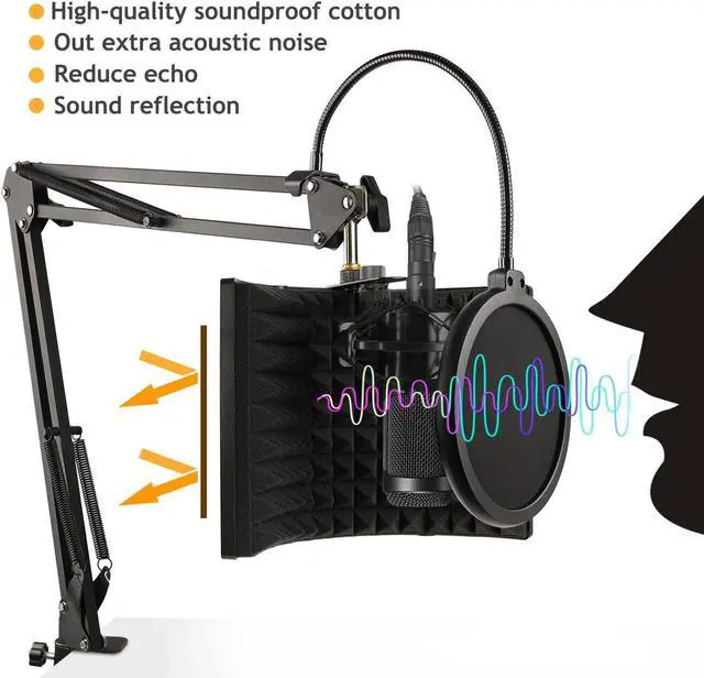 Alt view image 4 of 6 - Microphone Isolation Shield with Mic Stand and Pop Filter, Foldable Sound Shield for Most Condenser Microphone Recording Equipment Studio, High Density Absorbent Foam to Filter Vocal by Frgyee