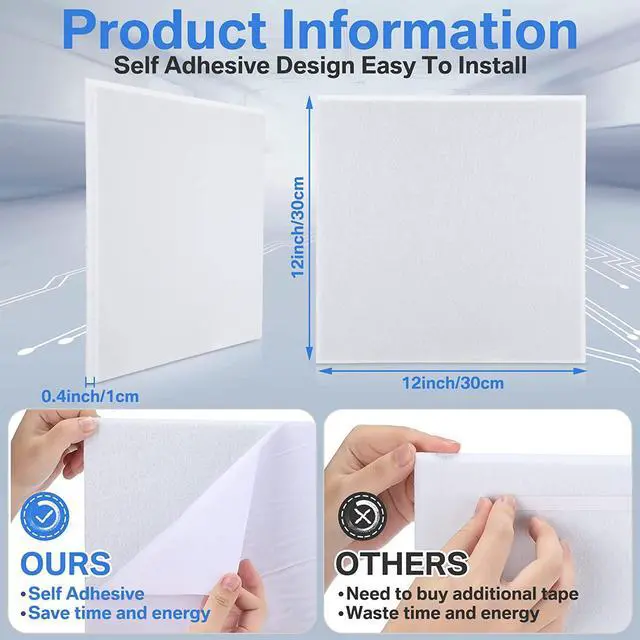 Alt view image 2 of 7 - 60 PCS Acoustic Panels 12 x 12 x 0.4 Inch Square Sound Absorbing Board Self Adhesive Soundproof Wall Panels Sound Proof Polyester Tiles for Home Studio Rooms Noise Canceling Reduction (White)