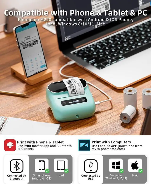 Alt view image 4 of 7 - Phomemo Label Maker, M220 Portable Label Maker, Bluetooth Wireless Inkless Label Printer, 3 Inch Barcode Printer, Great for Home, School & Office, Compatible with Phone, PC, with 3 Label