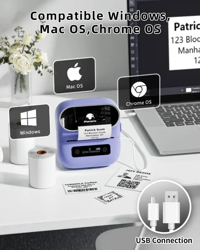 Alt view image 3 of 6 - Phomemo M220 Label Maker, Bluetooth Thermal Label Maker for Barcode, Address, Home, Mailing, Small Business,Clothing, Portable Wireless Label Printer with 1 Rolls Label, Purple