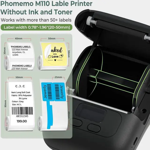 Alt view image 2 of 7 - M110 Portable Thermal Label Printer, Bluetooth Label Maker Machine for iOS & Android, Barcode Label Printer Machine for Small Business, Address, Office, with 1 Roll 40x30mm Label,Black