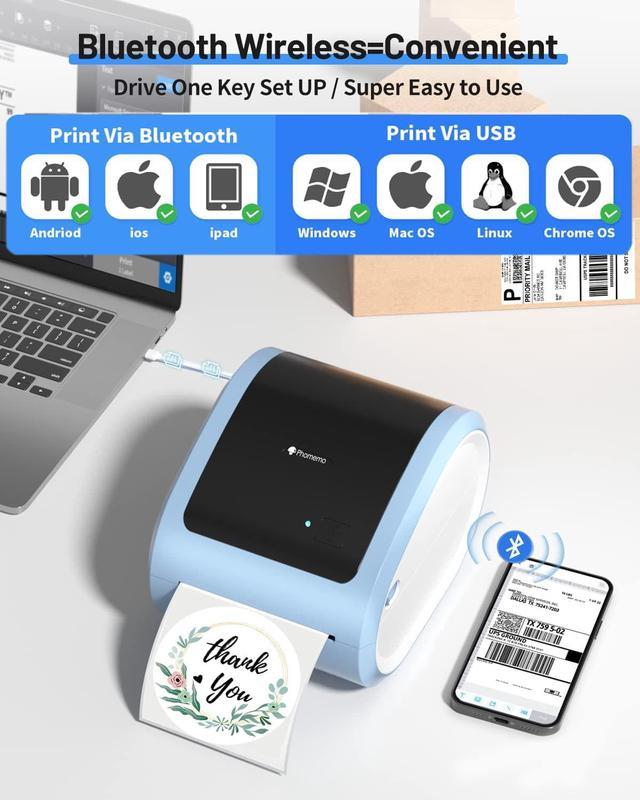 Phomemo Bluetooth Thermal Shipping Label Printer for Shipping Packages -  Thermal Label Printer Bluetooth for Phone&PAD&PC, Built-in Label Holder 4x6  Printer for ,Shopify, ,USPS,,Temu etc 
