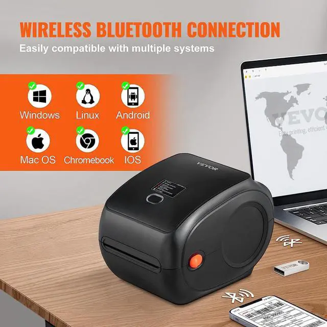 Alt view image 2 of 7 - VEVOR Bluetooth 300DPI Thermal Label Printer, 4x6 Shipping Label Printer, Automatic Label Recognition, Support Windows/MacOS/Linux/Chromebook/Android/iOS, Compatible w/, Ebay, Etsy,etc