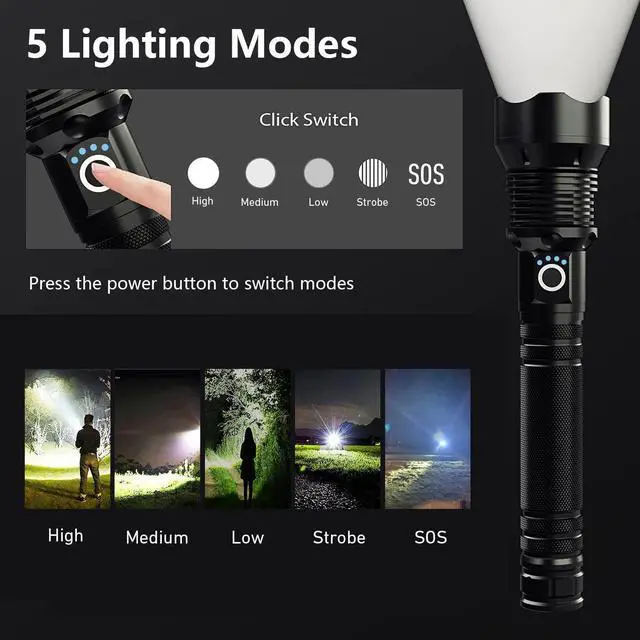 Alt view image 3 of 7 - Alicegirl Rechargeable High Lumen Flashlight, 200000 Lumens Super Bright Led Flashlights with 5 Modes & 10000 mAh High Capacity, Zoomable Waterproof Handheld Flash Light for Camping Emergencies