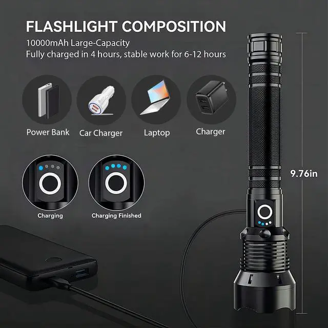Alt view image 5 of 7 - Alicegirl Rechargeable High Lumen Flashlight, 200000 Lumens Super Bright Led Flashlights with 5 Modes & 10000 mAh High Capacity, Zoomable Waterproof Handheld Flash Light for Camping Emergencies