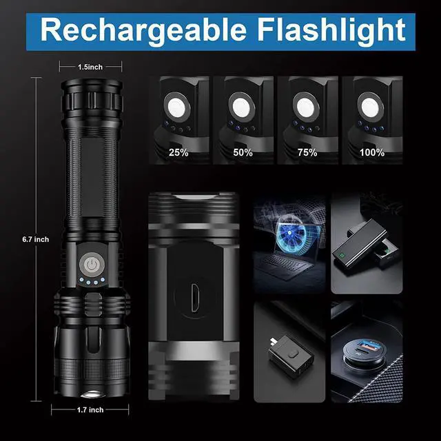 Alt view image 4 of 6 - Rechargeable Flashlights 990 000 High Lumens - 2 Pack Super Bright LED Flash Light with 5 Modes 12 Hour Brightest Waterproof Handheld Flashlight for Home Camping