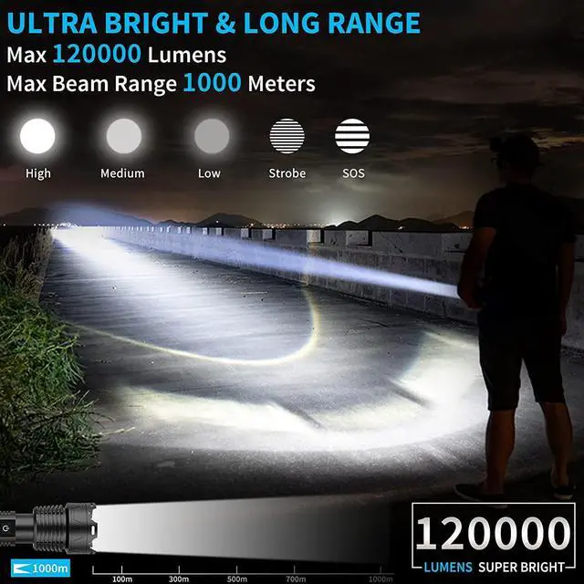 Alt view image 2 of 6 - Alifa Rechargeable Led Flashlight 120000 High Lumens, Brightest Powerful Handheld Flashlight,Xhp160.2 Zoomable IPX5 Waterproof Super Bright Flashlight with 5 Modes