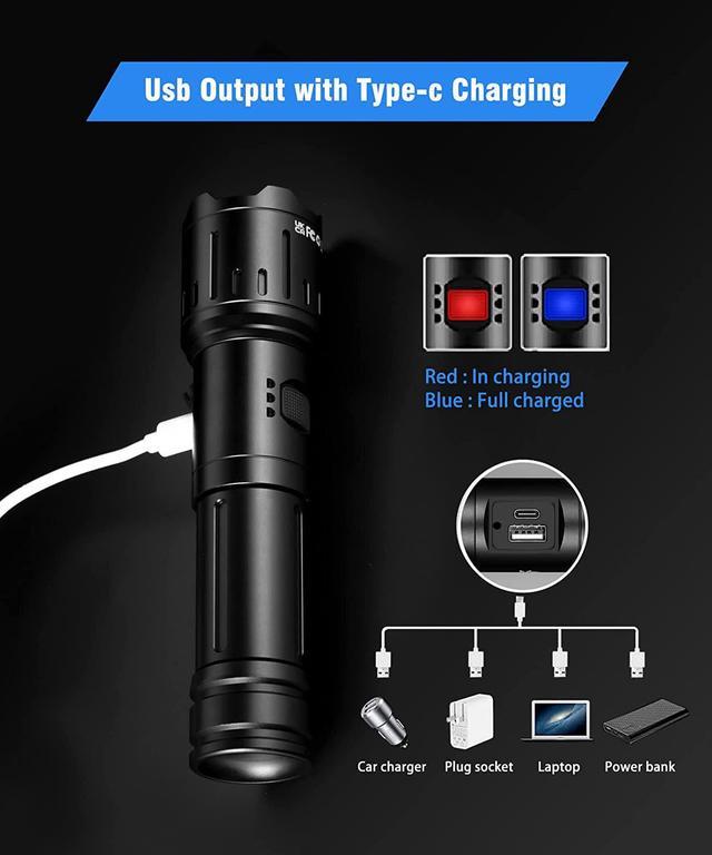 JAY-PARK Flashlights High Lumens Rechargeable, Super Bright High Power LED Tactical Flashlight 100000 Lumen, Powerful Zoomable Handheld USB Flash Ligh