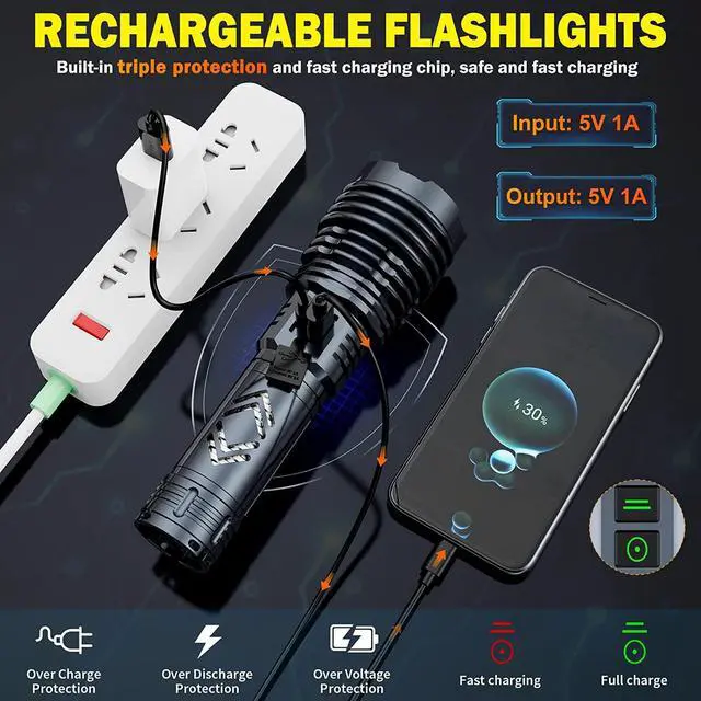 Alt view image 3 of 6 - Rechargeable Flashlights High Lumens,XHP160.6 LED Flashlight 180000 Lumen Super Bright, Waterproof Handheld Flashlights W/ 6 Modes Spotlight Floodlight, Powerful Flashlights for Emergency & Police