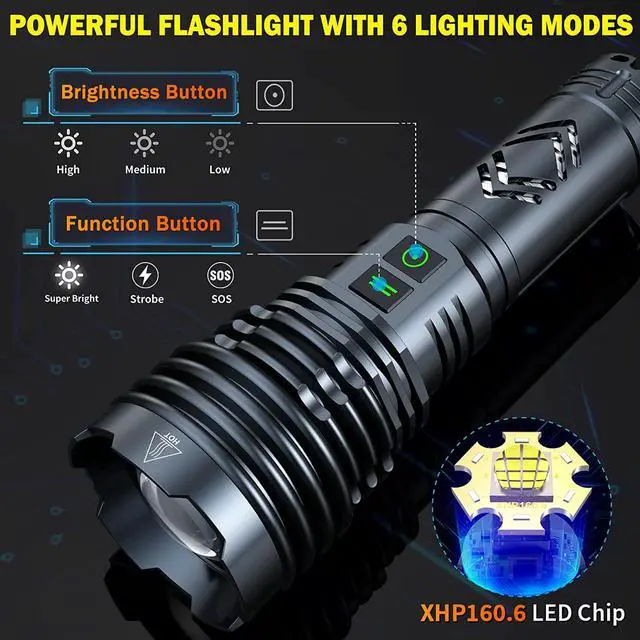 Alt view image 6 of 6 - Rechargeable Flashlights High Lumens,XHP160.6 LED Flashlight 180000 Lumen Super Bright, Waterproof Handheld Flashlights W/ 6 Modes Spotlight Floodlight, Powerful Flashlights for Emergency & Police