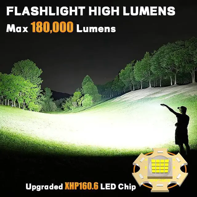 Alt view image 2 of 7 - Rechargeable Flashlights 180000 High Lumens,XHP160.6 Super Bright LED Flashlight,Tactical Powerful Waterproof Handheld Flashlights with Zoomable 6 Modes for Emergencies Camping