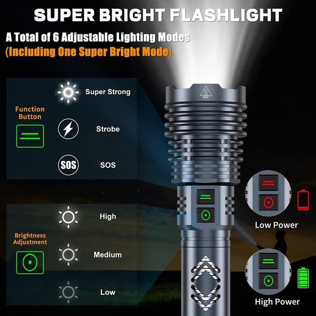 Alt view image 4 of 7 - Rechargeable Flashlights 1500000 High Lumens,Super Bright LED Flashlight,Tactical Powerful Waterproof Handheld Flashlights with Zoomable 6 Modes,Output Funtion & 24H Long Life for Emergencies Camping