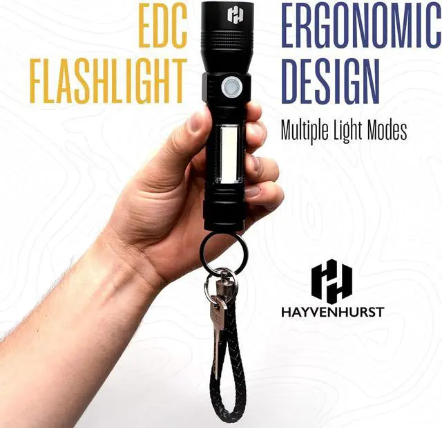 Alt view image 3 of 6 - Hayvenhurst LED Flashlight - EDC Flashlight - Tactical Flashlight - 3 in 1 Lightweight, Compact and Rechargeable Pocket Flashlight with Lavish Black Body for Emergency Power Outage