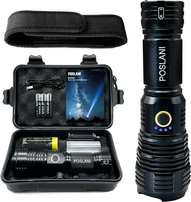Main image of Poslani flashlights LED high lumens Rechargeable, Extremely Bright 50000 lumens Flashlight, IPX67 Water Resistant, 5 Light Modes, zoomable Tactical Flashlight for Emergency Camping Gift