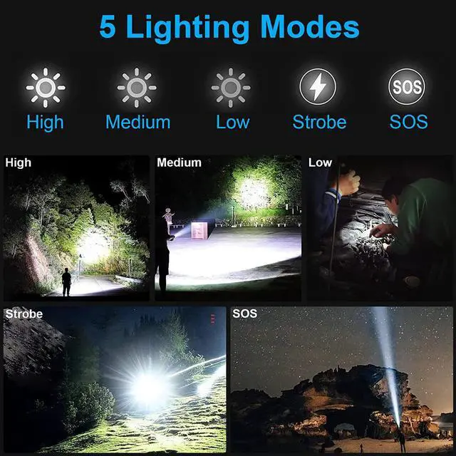 Alt view image 6 of 6 - Poslani flashlights LED high lumens Rechargeable, Extremely Bright 50000 lumens Flashlight, IPX67 Water Resistant, 5 Light Modes, zoomable Tactical Flashlight for Emergency Camping Gift