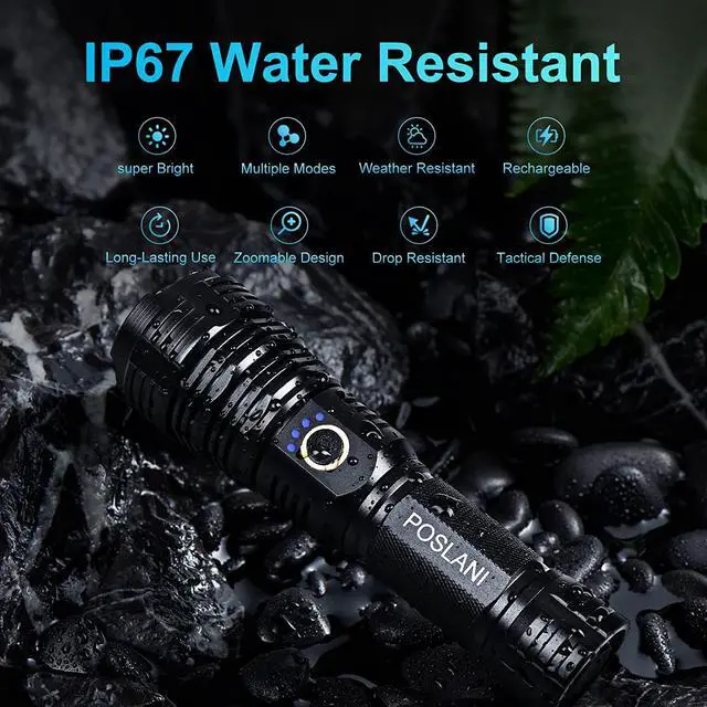 Alt view image 5 of 6 - Poslani flashlights LED high lumens Rechargeable, Extremely Bright 50000 lumens Flashlight, IPX67 Water Resistant, 5 Light Modes, zoomable Tactical Flashlight for Emergency Camping Gift