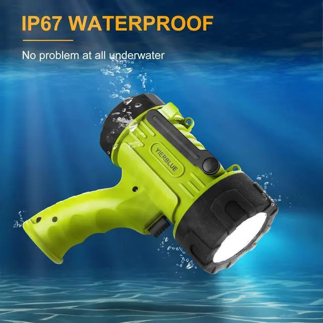 Alt view image 2 of 6 - YIERBLUE Rechargeable Spotlight Flashlight with 150000 Lumen LED, IP67 Waterproof Long Running Spot Light searchlight, Impact Resistant Handheld Spotlight with Foldable Stand and Detachable Red Lens
