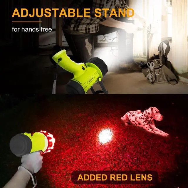 Alt view image 4 of 6 - YIERBLUE Rechargeable Spotlight Flashlight with 150000 Lumen LED, IP67 Waterproof Long Running Spot Light searchlight, Impact Resistant Handheld Spotlight with Foldable Stand and Detachable Red Lens