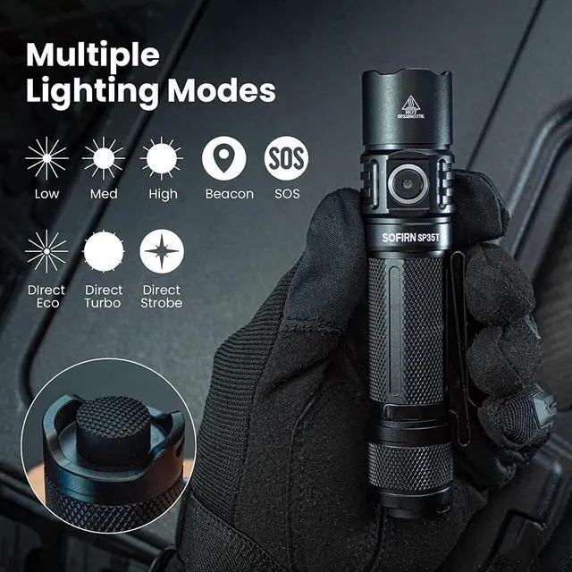 Alt view image 4 of 7 - sofirn SP35T Tactical Flashlight, 3800 Lumens Super Bright Pocket LED Flashlight Rechargeable with Dual Switch, IPX8 Water Resistance, EDC Flashlight for Camping, Hiking, Emergency