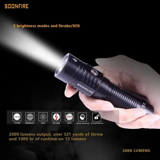 Alt view image 7 of 7 - soonfire E15 2000 Lumens Led Super Bright Flashlight, Compact High Lumens Light, Powered by Pre-Installed Rechargeable Battery for Emergency, EDC and Searching