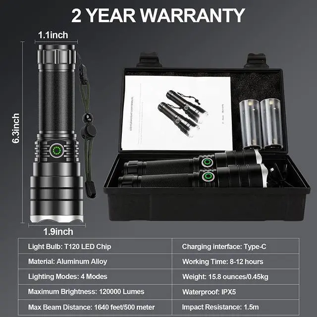 Alt view image 6 of 7 - lemihui Rechargeable Flashlights High Lumens, 120000 Lumens Super Bright Led Flashlight with 4 Modes, Waterproof Powerful Handheld Flash Light for Camping Hiking(2 Pack)