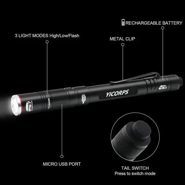 Alt view image 2 of 6 - Rechargeable Pen Light Flashlight 300 Lumens 3 Lighting Modes Handheld Pocket Small Flashlights with Clip, Zoomable Waterproof Perfect for Emergency, Inspection, Repair, Camping