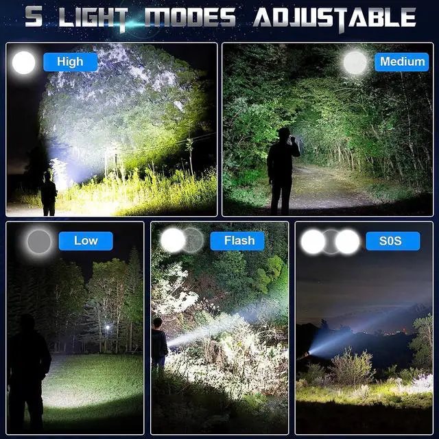 Alt view image 3 of 7 - AXRUNZE Rechargeable Flashlights High Lumens, 100000 Lumen Super Bright Flashlight, Powerful Flashlights with 5 Lighting Modes, Zoomable, IPX5 Waterproof for Hiking, Camping
