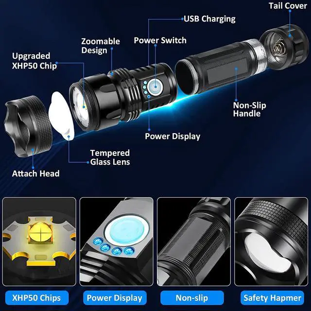Alt view image 4 of 7 - AXRUNZE Rechargeable Flashlights High Lumens, 100000 Lumen Super Bright Flashlight, Powerful Flashlights with 5 Lighting Modes, Zoomable, IPX5 Waterproof for Hiking, Camping