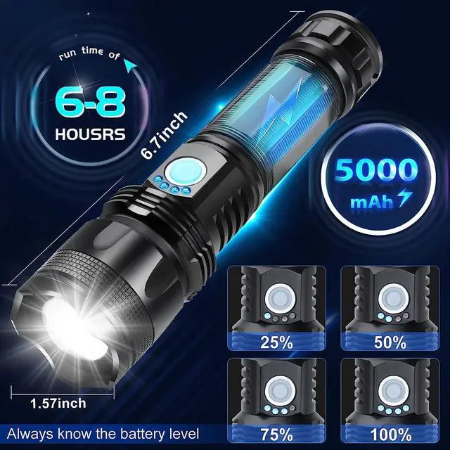 Alt view image 5 of 7 - AXRUNZE Rechargeable Flashlights High Lumens, 100000 Lumen Super Bright Flashlight, Powerful Flashlights with 5 Lighting Modes, Zoomable, IPX5 Waterproof for Hiking, Camping