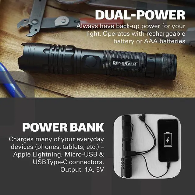 Alt view image 4 of 7 - Observer Tools 1200 Lumen LED Flashlight Rechargeable- LED Tactical Flashlight with Power Bank, Dual Power- Lightweight IP67 Waterproof Flashlights for Emergencies Hiking First Responders