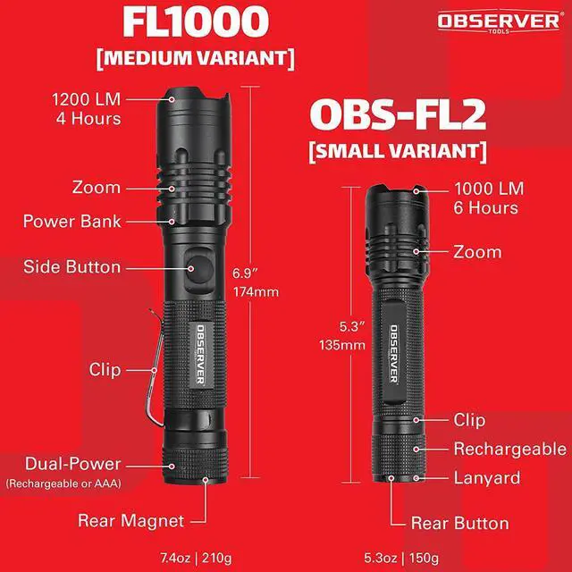 Alt view image 2 of 7 - Observer Tools 1200 Lumen LED Flashlight Rechargeable- LED Tactical Flashlight with Power Bank, Dual Power- Lightweight IP67 Waterproof Flashlights for Emergencies Hiking First Responders