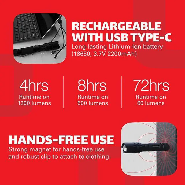 Alt view image 5 of 7 - Observer Tools 1200 Lumen LED Flashlight Rechargeable- LED Tactical Flashlight with Power Bank, Dual Power- Lightweight IP67 Waterproof Flashlights for Emergencies Hiking First Responders