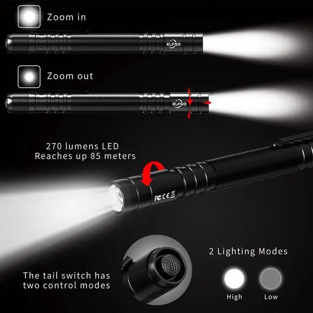 Alt view image 2 of 5 - 270 Lumens LED Pen Light, Zoomable Penlight Flashlight, Pocket Size Clip Flashlight Small Mini Handheld Slim Flashlight for Nurse, Medical, Inspection, Repair, Engineer, Doctor
