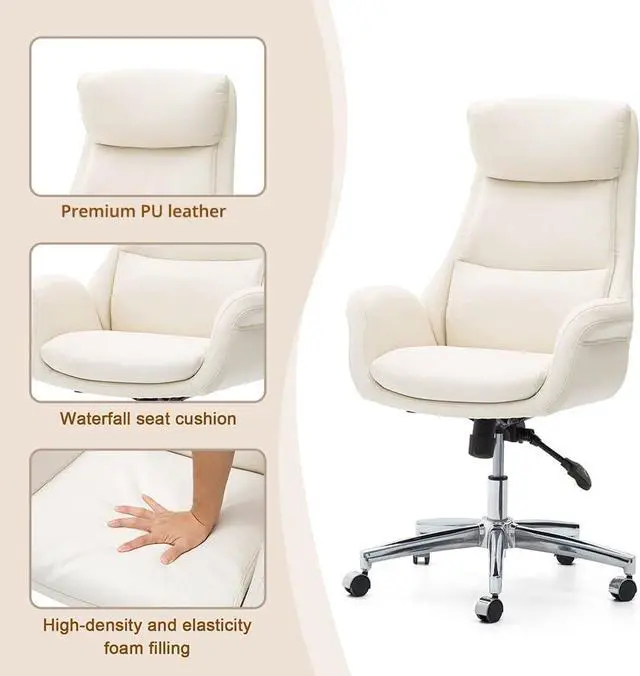 Alt view image 5 of 7 - Glitzhome Modern Executive Home High-Back Office Chair - Leather Adjustable Swivel Desk Chair with Armrest(Cream)