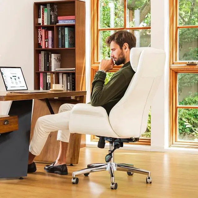 Alt view image 3 of 7 - Glitzhome Modern Executive Home High-Back Office Chair - Leather Adjustable Swivel Desk Chair with Armrest(Cream)
