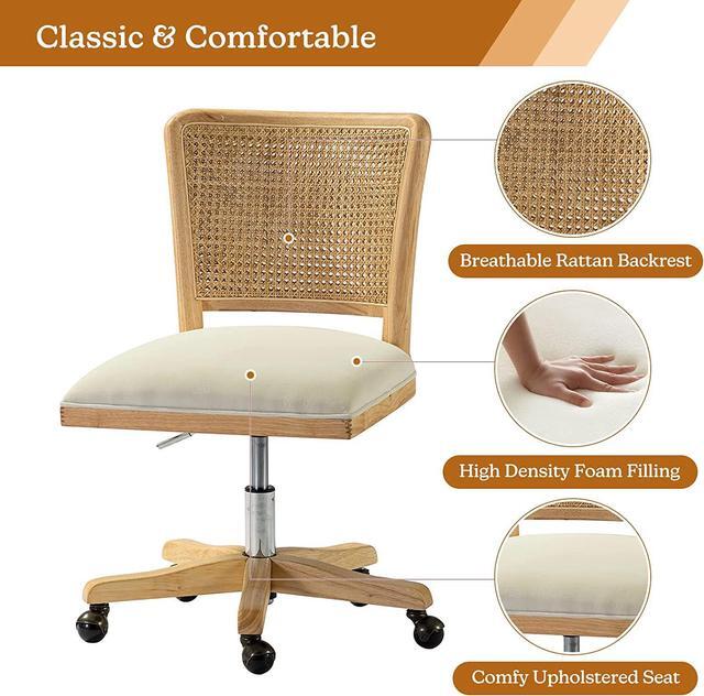 Alt view image 4 of 7 - Modern Home Office Chair Comfortable Upholstered Boho Armless Desk Chair, Adjustable Swivel Rolling Computer Chair with Rattan Mid-Back Support, Beige