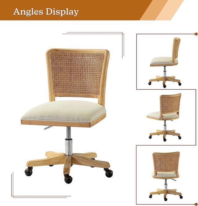 Alt view image 6 of 7 - Modern Home Office Chair Comfortable Upholstered Boho Armless Desk Chair, Adjustable Swivel Rolling Computer Chair with Rattan Mid-Back Support, Beige