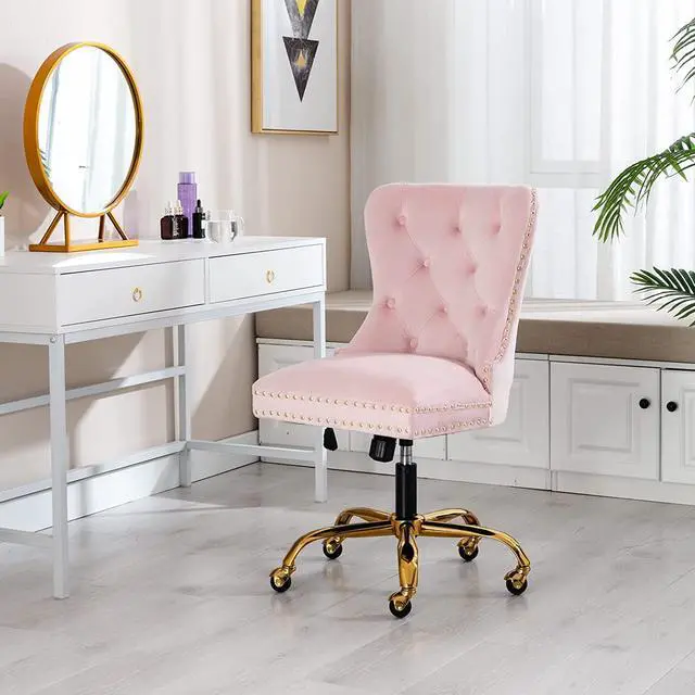 Alt view image 2 of 7 - Velvet Home Office, Upholstered Adjustable Swivel desk chair with Gold Base, Tufted Study with Comfy High Back for Teens Study Makeup Pink