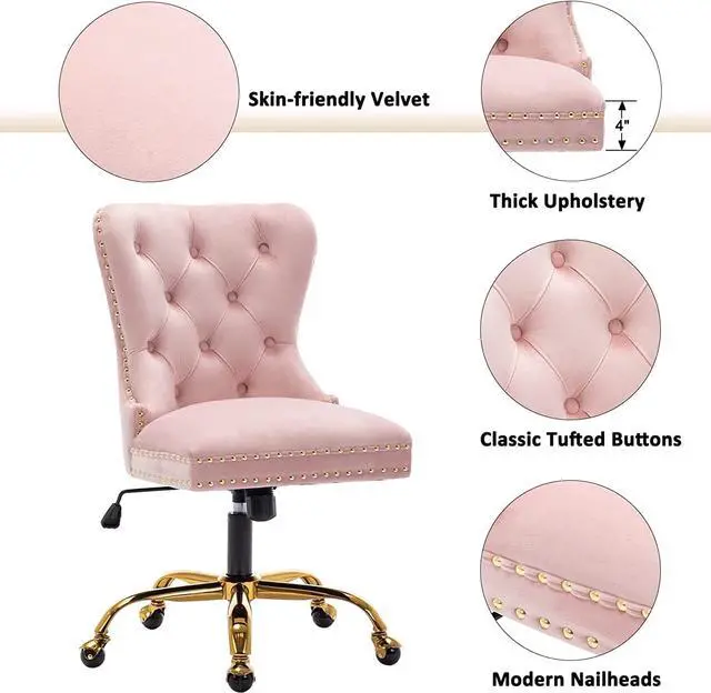 Alt view image 4 of 7 - Velvet Home Office, Upholstered Adjustable Swivel desk chair with Gold Base, Tufted Study with Comfy High Back for Teens Study Makeup Pink