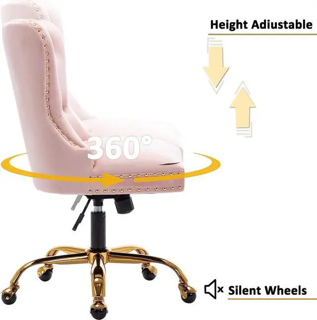 Alt view image 5 of 7 - Velvet Home Office, Upholstered Adjustable Swivel desk chair with Gold Base, Tufted Study with Comfy High Back for Teens Study Makeup Pink
